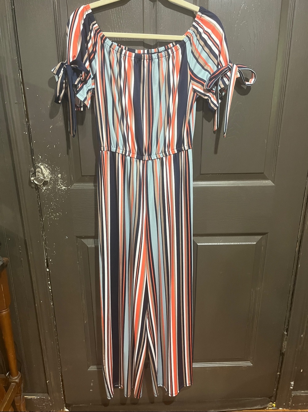 Tacera Multi-Color Striped Top in Navy, Coral & Light Blue